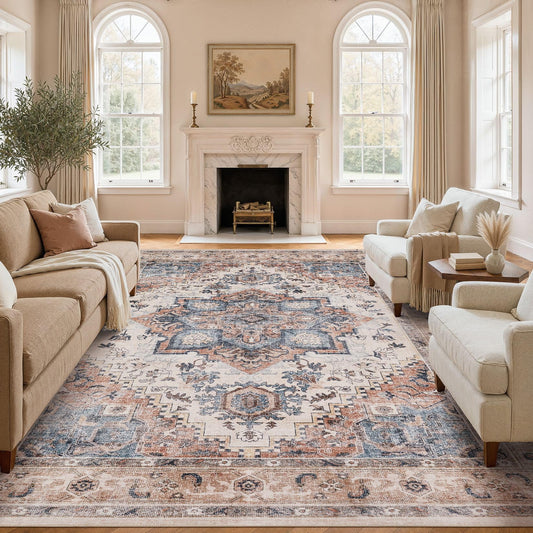 Washable Rug 8x10 Area Rugs: Boho Vintage Distressed Oriental Medallion Neutral Thin Large Rug Carpet for Living Room Bedroom Dining Room Home Office Decor - Camel