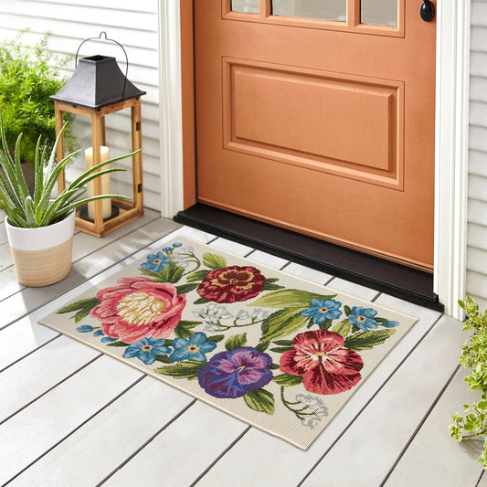 Liora Manne Esencia Machine Washable Non-Slip Low Profile Indoor/Outdoor Mat-Transitional, Garden, Floral, Botanical, Secret Garden Cream 2'5" x 3'11"