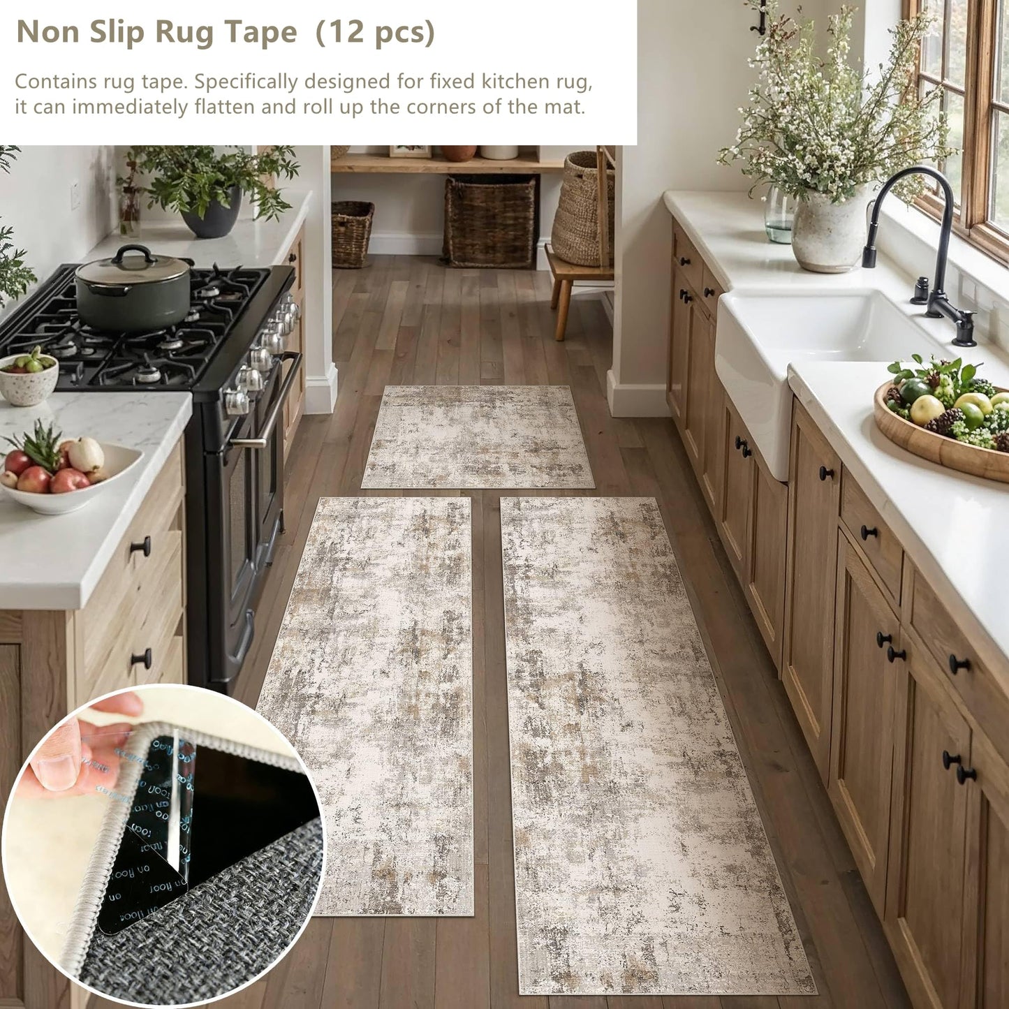 WondRg Kitchen Rug Set of 3 Washable Brown Grey Abstract Kitchen Mats for Floor Non-Slip Kitchen Runner Rug Soft Low Pile for for Bathroom Laundry Hallway Sink Entryway