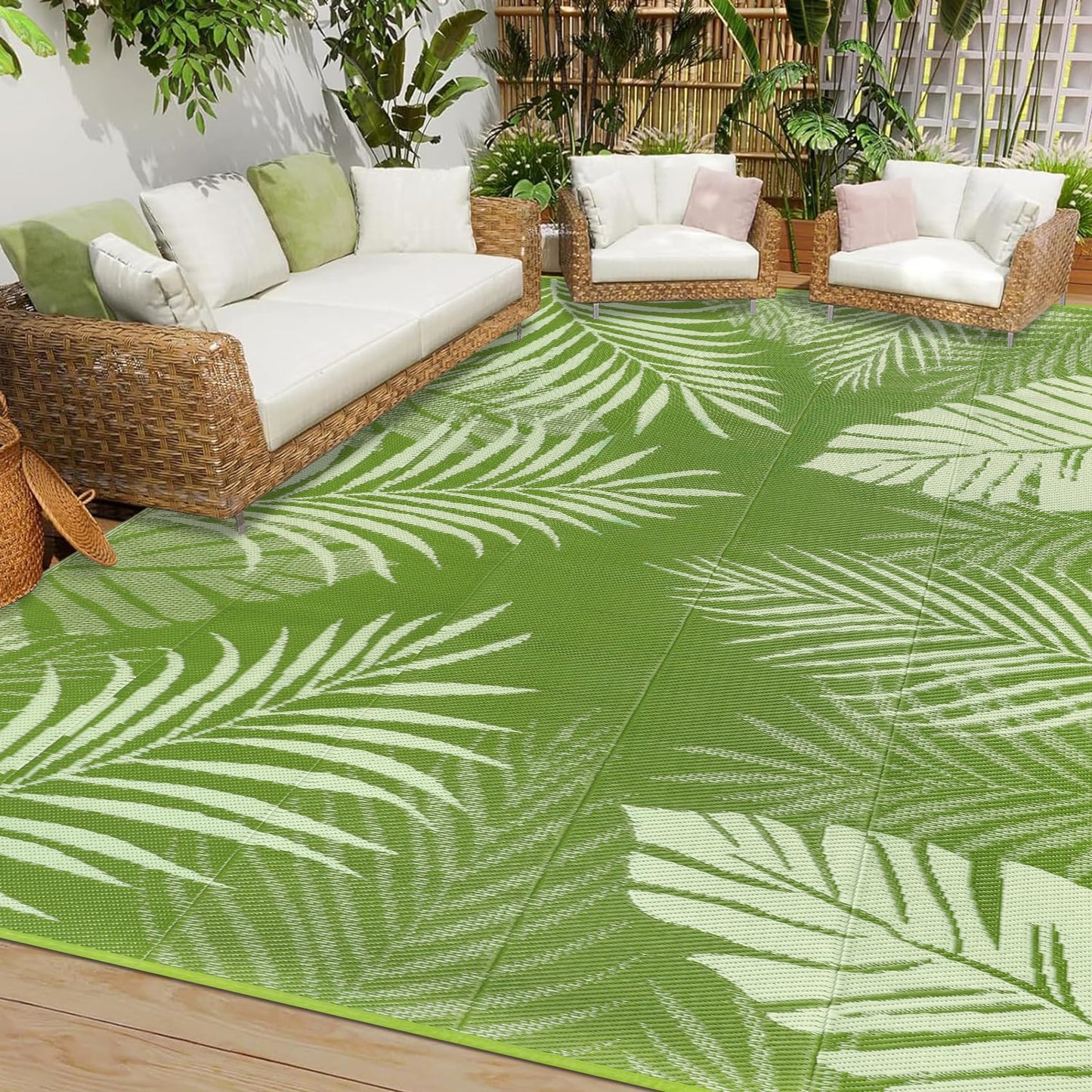 Cekene Outdoor Rugs 6’x9’ Waterproof Outdoor Patio Rug Green Reversible Mats Lightweight Plastic Straw Rug with Carry Bag Portable RV Camping Mat Modern Outdoor Area Rug for Patio Deck Picnic