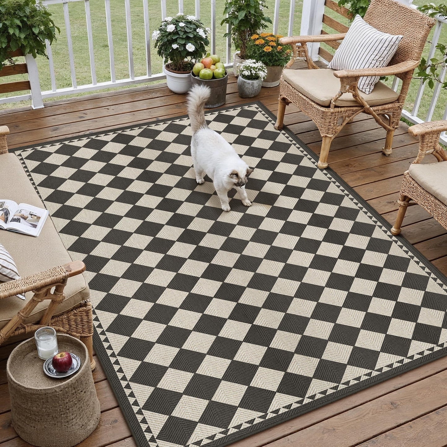 HUGEAR 5x8 Outdoor Rug Black/Beige Linen-Look Fabric Checkered Area Rug High Traffic Stain Resistant Easy Clean Durable Rugs for Indoor/Outdoor Patio Deck Balcony Porch Garden Courtyard