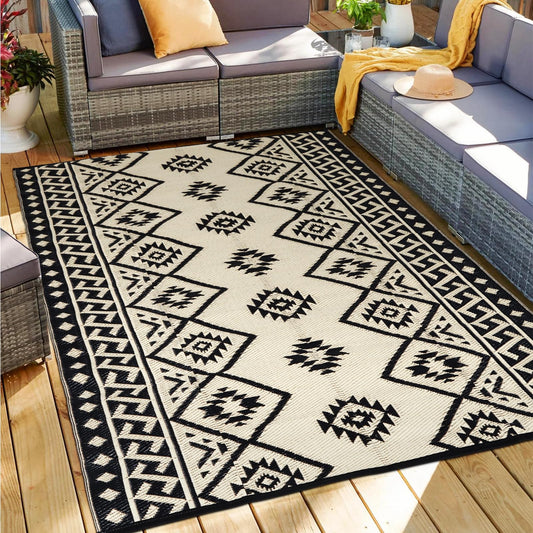 LILIOFFIC Outdoor Rug Waterproof 5x8 ft Outdoor Carpet Patio Rug Mat Reversible RV Camping Rug Plastic Straw Rug Outside Outdoor Area Rug for Patio Deck Balcony Backyard Picnic Beach Black & Beige