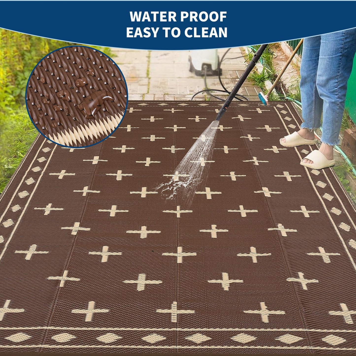 GarveeHome 8'x10' Outdoor Camping Rug – Waterproof, Sand-Free & Foldable – Portable RV Mat for Patio, Beach, Picnic – Reversible Plastic Floor Mat with Carry Bag, UV Resistant, Brown