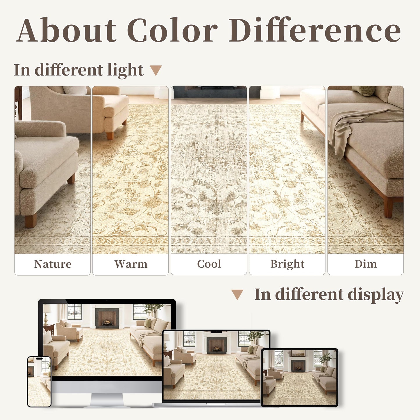 TTelephant Beige Living Room Rug, Neutral Vintage Boho Washable Rug 6x9 for Bedroom and Dining Room, Low Pile Large Carpets with Non-Slip Silicone Backing, Non-Shedding