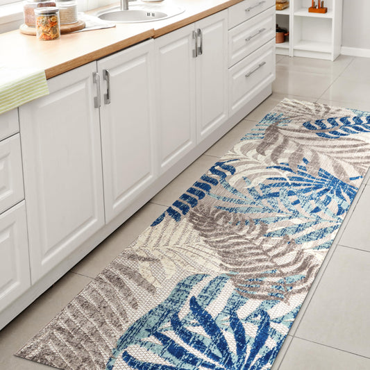 JONATHAN Y Tropics Palm Leaves Indoor Outdoor Runner Rug 2X8 Gray/Blue, Boho for Backyard, Patio, Porch, Easy-Cleaning, High Traffic, Pet-Friendly, Non-Shedding (AMC100A-28)
