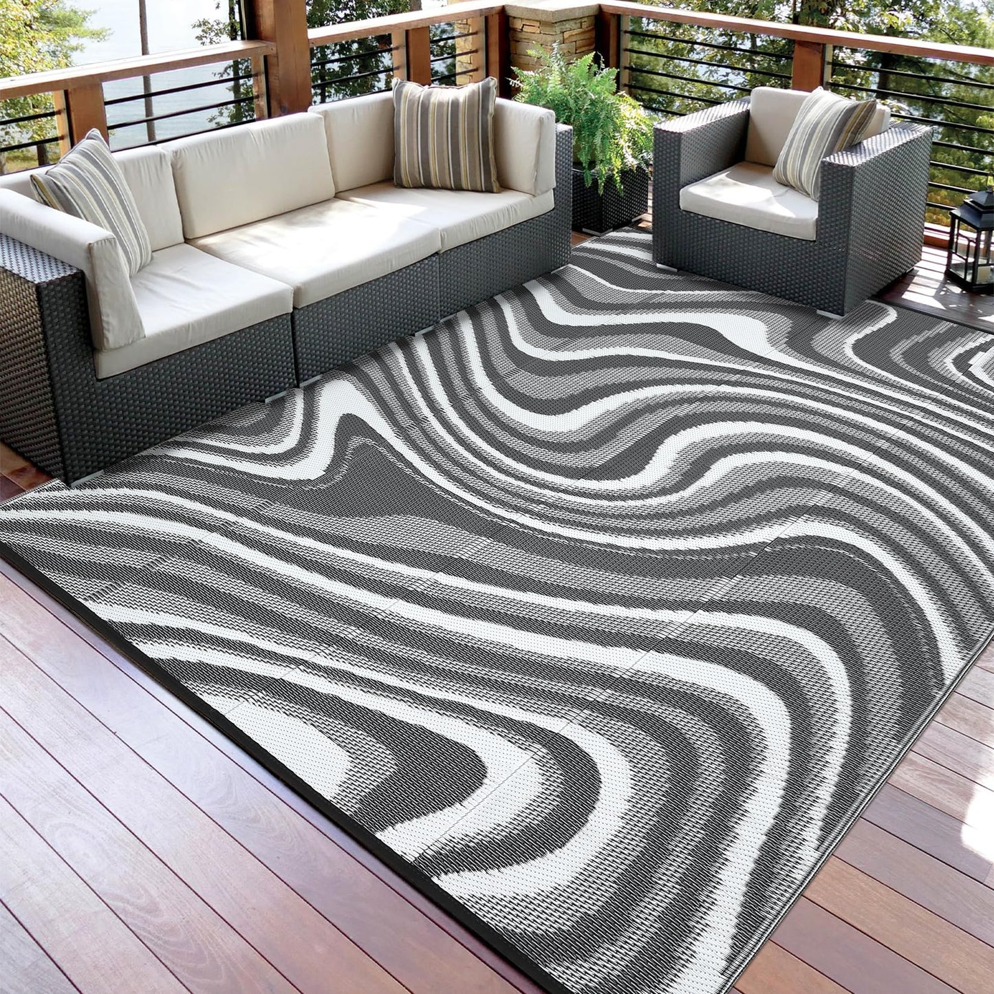 Garvee Outdoor Rug 9x18 Patio Waterproof, Abstract Outdoor Plastic Straw Rug, Camping Rugs for Outside Your RV, Reversible UV Resistant Mats with Portable Bag for Backyard, Deck, Picnic, Black Grey