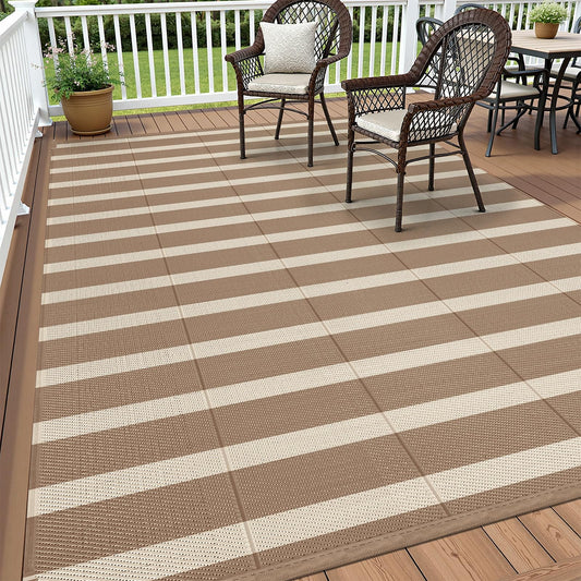 Vaukki Waterproof Outdoor Rug 5x8, Reversible Striped Patio Rug, Lightweight Plastic Straw Camping Mat, Indoor Outdoor RV Carpet for Outsides, Patio, Camping, Balcony, RV and Deck, Brown and Beige