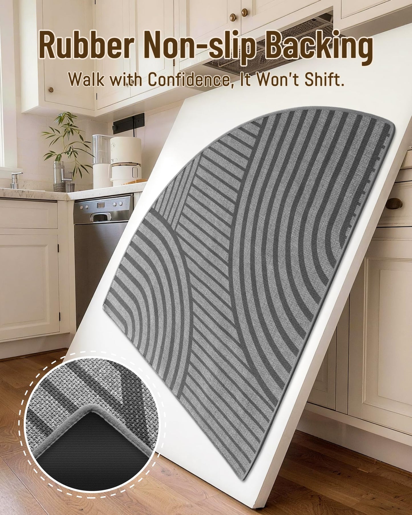 Carvapet Corner Kitchen Rug for Sink Area, Non Slip Washable Absorbent Sector Floor Mat with Rubber Backing, Imitation Linen Braided Kitchen Carpet, Radius 47", Grey