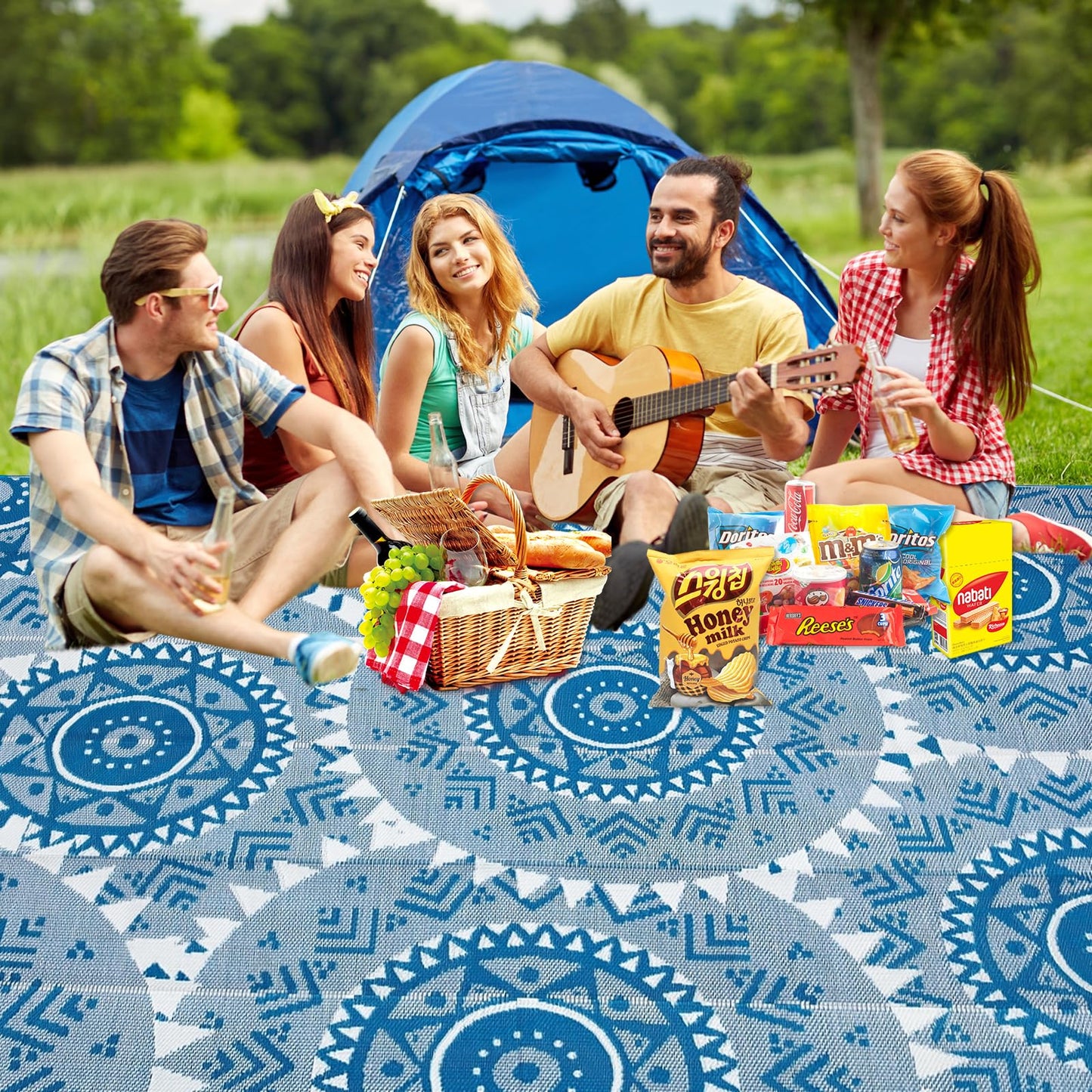 Alfolo Waterproof Outdoor Rug 8'x10'Plastic Straw Reversible Boho Blue & White Lightweight Patio Rug for Deck,Backyard,RV Camping,Poolside, Stain & UV Resistant Fade Proof Portable Outdoor Carpet