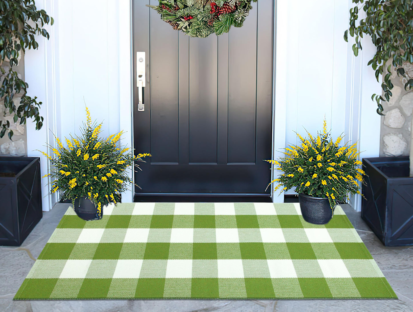 Buffalo Plaid Outdoor Rug 24''x51''Green and White Checkered Front Porch Rug Cotton Woven Washable Door Mat Outdoor for Layered Hello Welcome Door Mat Farmhouse Entryway