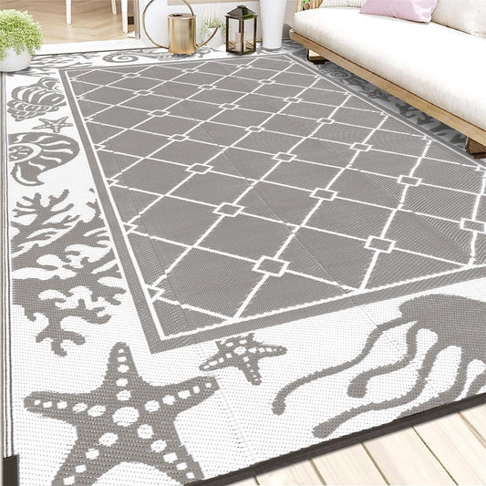 Vaukki Reversible Rugs, Plastic Straw Outdoor Doormat, Fade Resistant Plastic Outdoor Patio Mat, Lightweight Ocean Area Carpet for Patio, RV, Camping, Beach, Deck, Backyard and Picnic (Grey, 6'x9')
