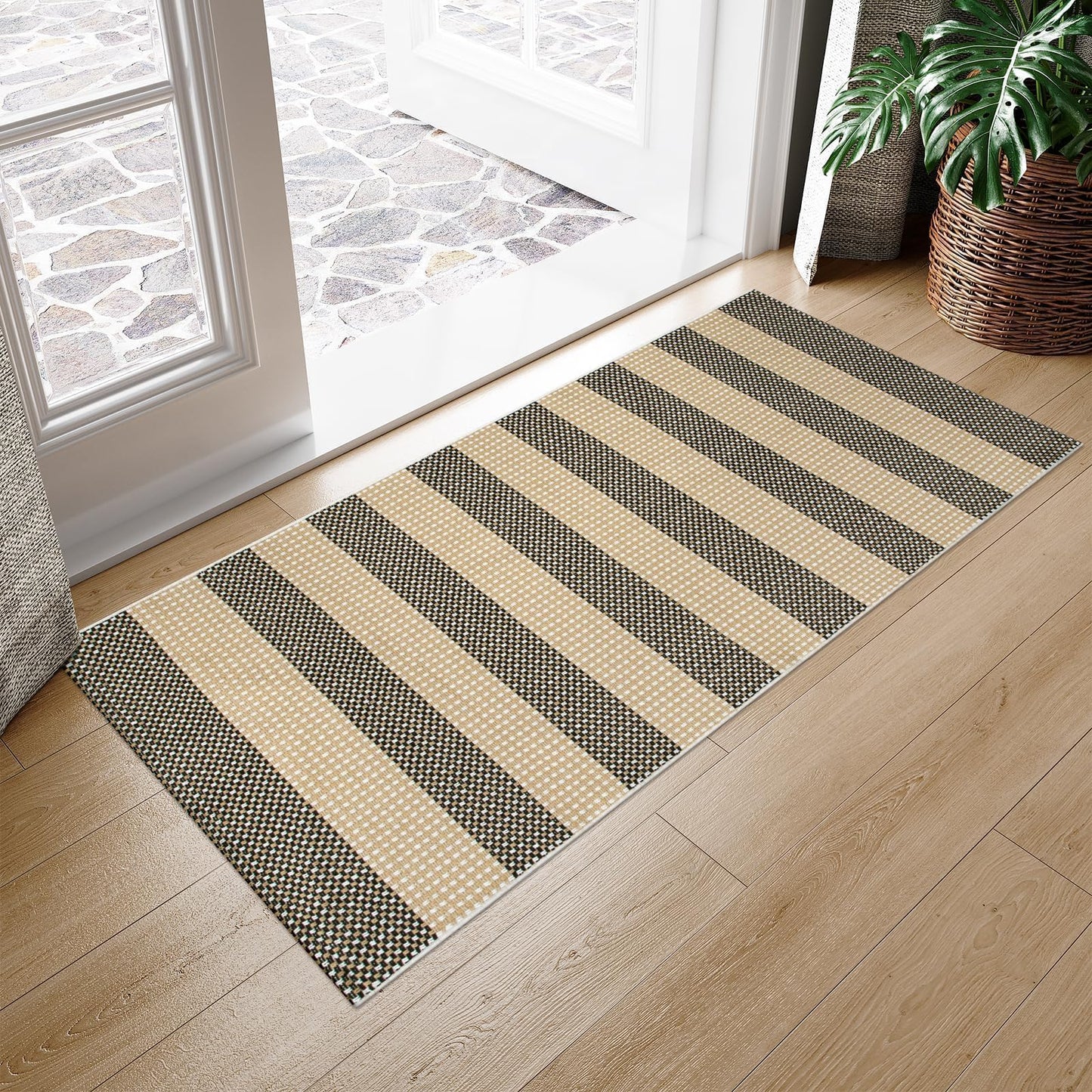 OJIA Front Door Rug 24"x51" Outdoor Doormat Washable Front Door Mat Indoor Entrance Tan Washable Porch Rug Woven Striped Outdoor Mat Entryway Rugs Small Area Rug for Kitchen Entry Bathroom