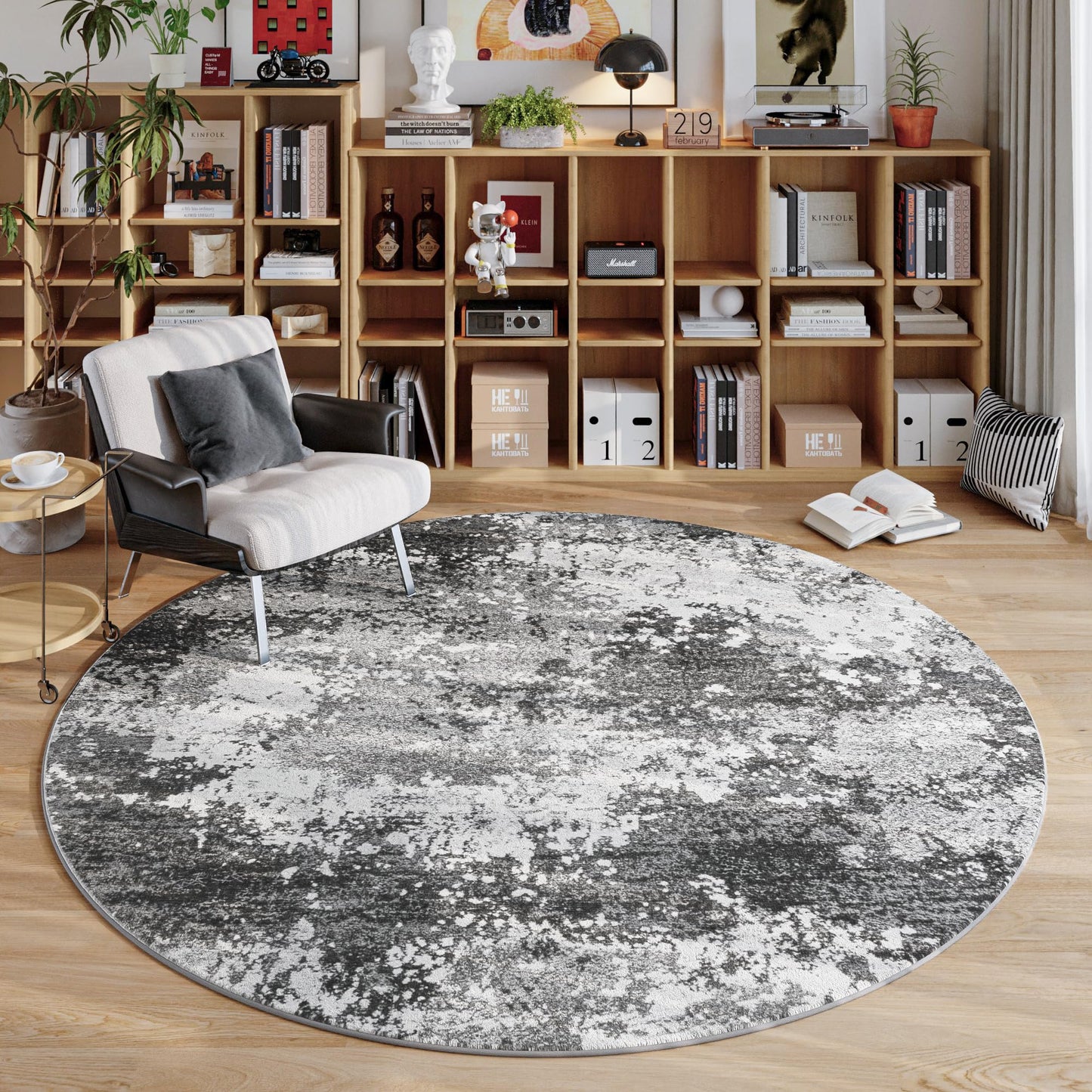 Round Area Rugs 4ft Washable Grey Circle Rug for Entryway Kitchen, Non Slip Soft Low Pile Stain Resistant, Boho Circular Carpet for Living Room Bedroom Dorm Dining Room Table, Abstract Gray