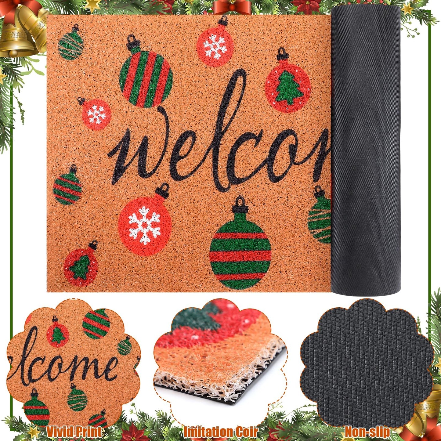 Drydiet Christmas Cat Welcome Door Mat 18 x 30 Inch Coir Doormat Merry Xmas Ball Farmhouse Floor Mats Door Rugs with Rubber Non Slip Backing for Home Front Floor(Christmas Ball Style)