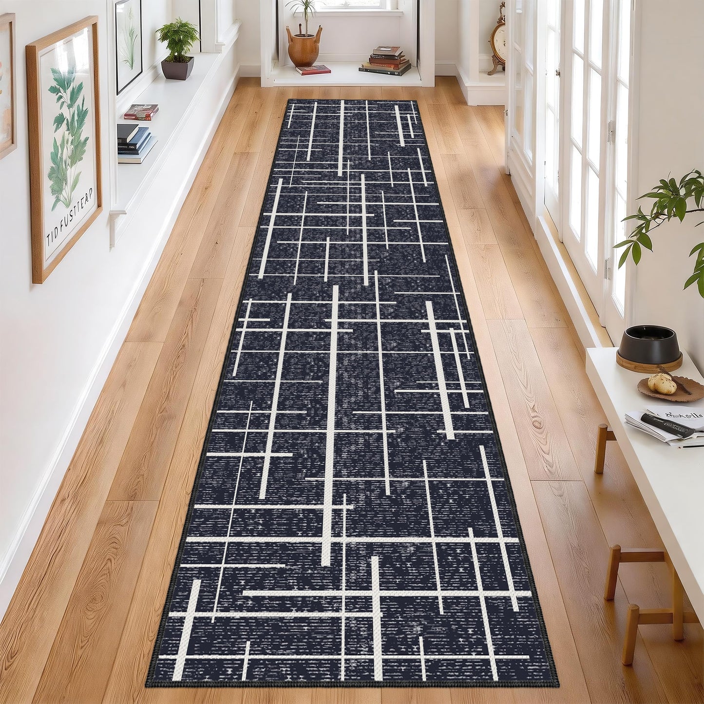 TTelephant Modern Stripe Hallway Runner Rug Non Slip, Washable 2x10 Runner Rug, Woven Thin Low Pile Carpet Runners for Hallway 10ft Entryway, Kitchen, Walkway -Midnight Black