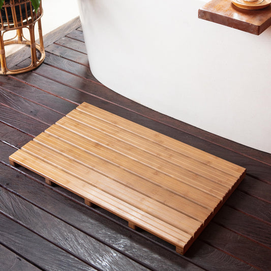Large Walnut Bamboo Bath Mat – Non-Slip Design Sauna Floor Mat, Secure Grip Pads, Water-Resistant Coating, Durable for Indoor/Outdoor Use, Bamboo Decor