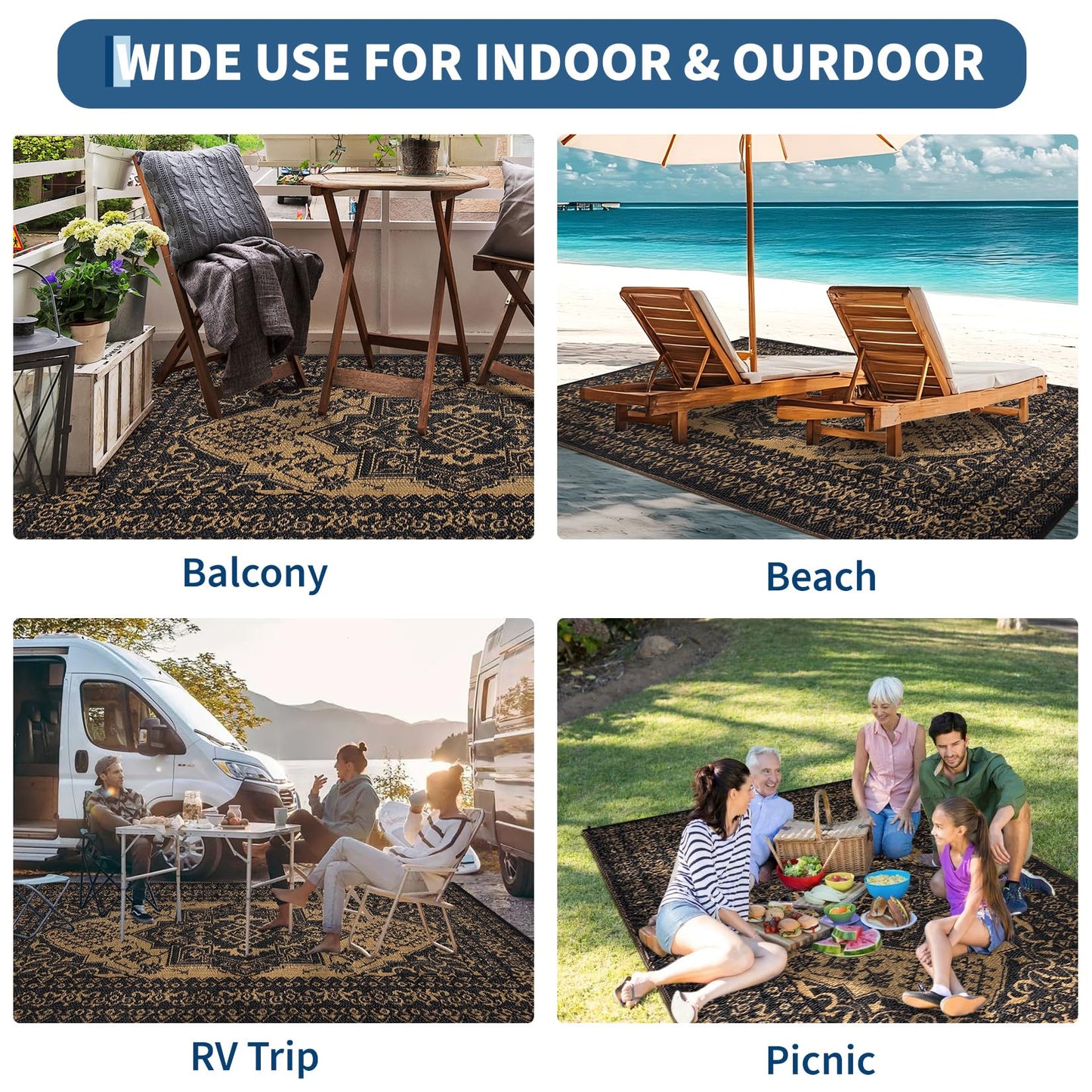 Garvee Outdoor Patio Rug 9x12 Waterproof Reversible Mat Medallion Outdoor Plastic Straw Rug with 4 Stakes and Starage Bag Portable Area Rug for Camping Porch Deck Rv Balcony Backyard Beach, Brown