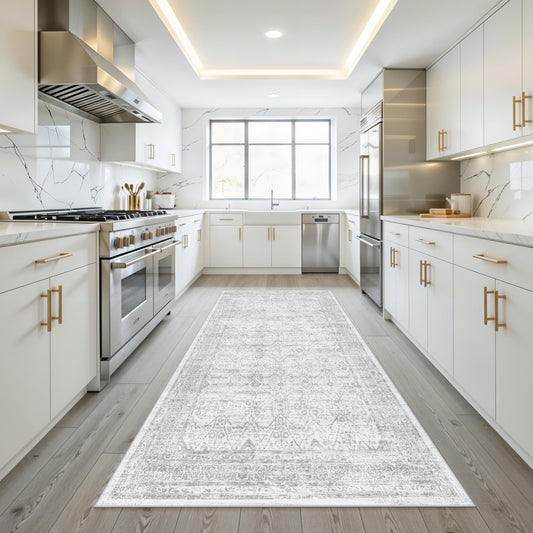 4x8 Area Rug Indoor Kitchen Washable: Non Slip Area Rug for Entry Hallway Farmhouse Vintage Rug Runner for Bathroom Entryway Low Pile Soft Door Mat for Living Room Bedroom (Grey/Ivory 4'x8')