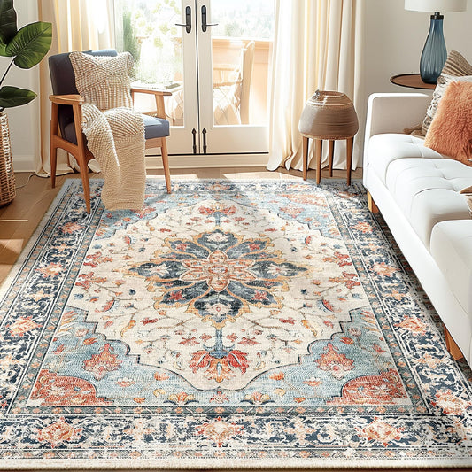 RELEANY Area Rugs 5'x7' Washable Non-Slip, Floral Vintage Distress Medallion Carpet for Living Room Bedroom Dining Room, Beige Navy Blue Orange Colorful