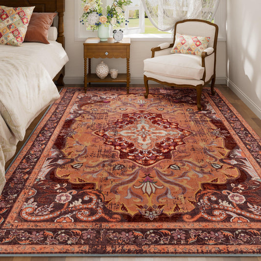 RUSHUFFY 5x7 Washable Area Rugs for Bedroom, Vintage Boho Distressed Print Pattern Rugs for Living Room, Soft Non-Slip Carpet for Indoor Dining Room Nursery Farmhouse Girls Room, Orange & Red
