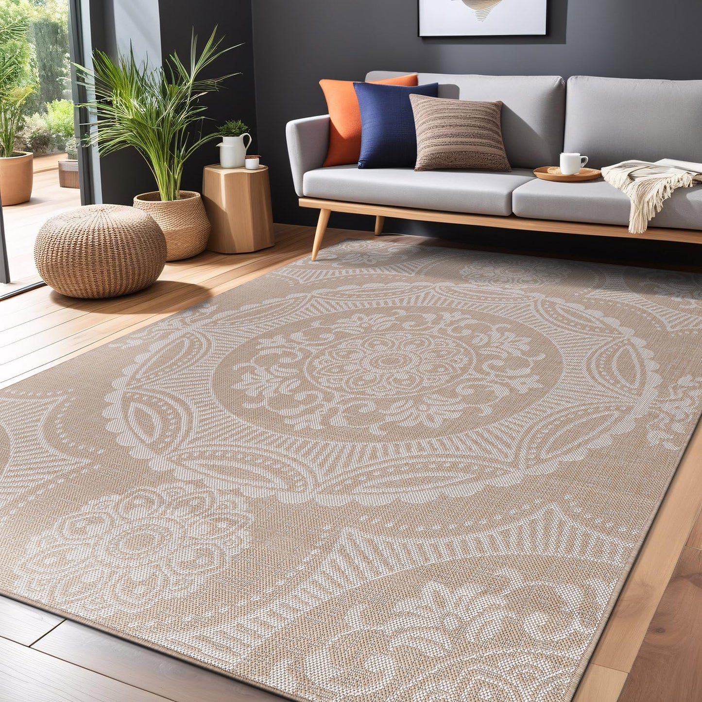 Luul Home Medallion Outdoor Rug 5x7 Washable Outside Carpet for Indoor Patio Porch Waterproof Easy Cleaning Non Shedding Area Rugs Beige 5 x 7
