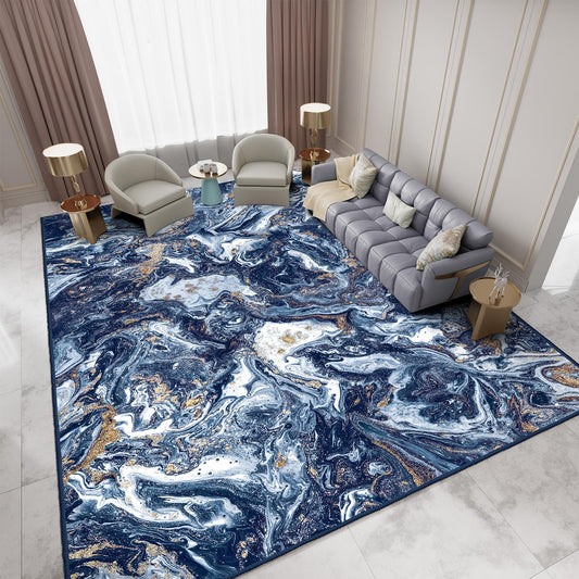 GEMBED Washable Area Rug 5x7 - Artistic Style Modern Rug for Living Room Bedroom Dining Room, Soft Low Pile Machine Washable Carpet, Non Slip Non Shedding Area Rug - Dark Blue/Gold, 5'x7'