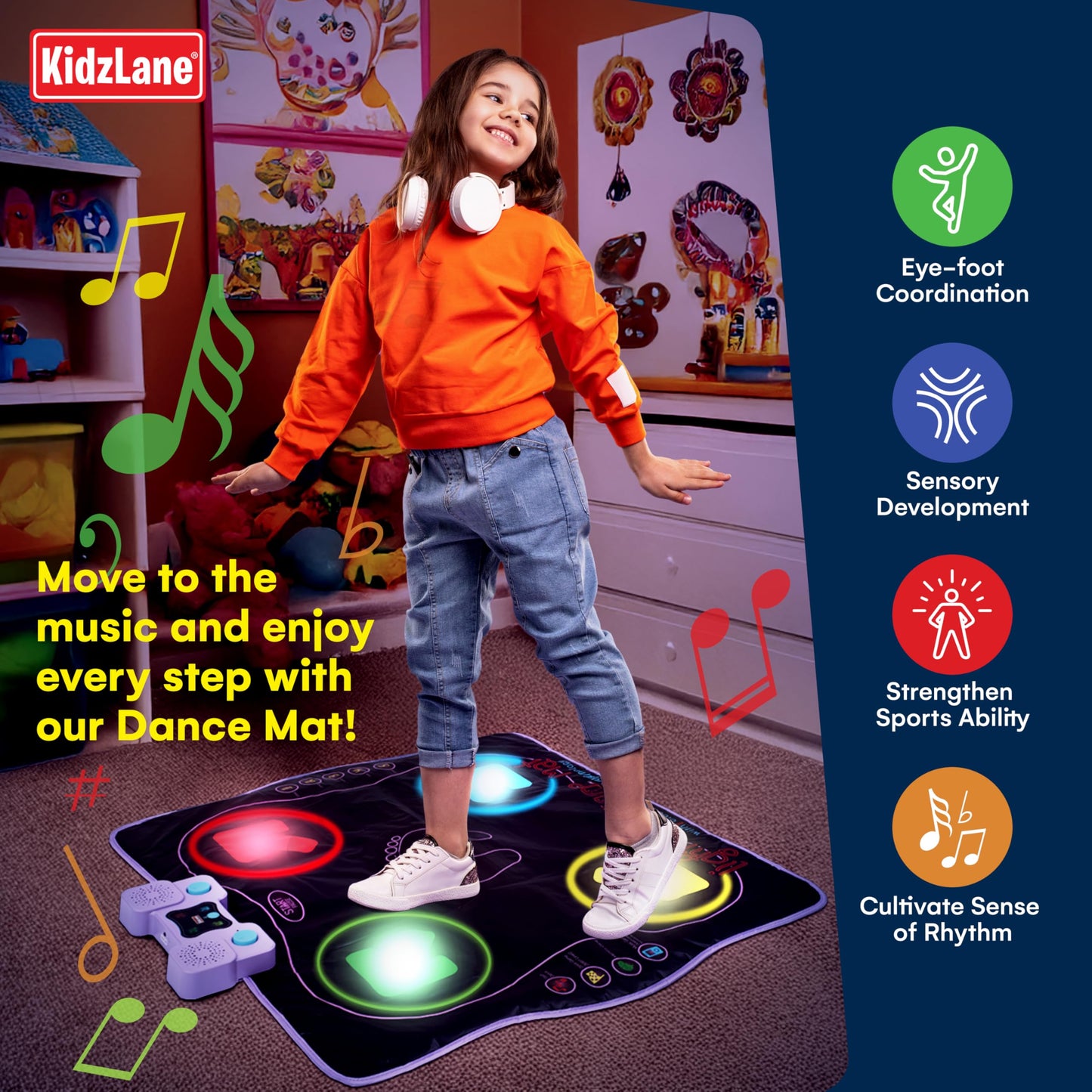 Kidzlane Electronic Dance Mat for Kids 8-12, Wireless Kids' Dance Pad with Bluetooth/AUX, Built-in Music, 5 Challenge Levels, 4 Modes - Interactive Toys for Children, Ages 6 and Up
