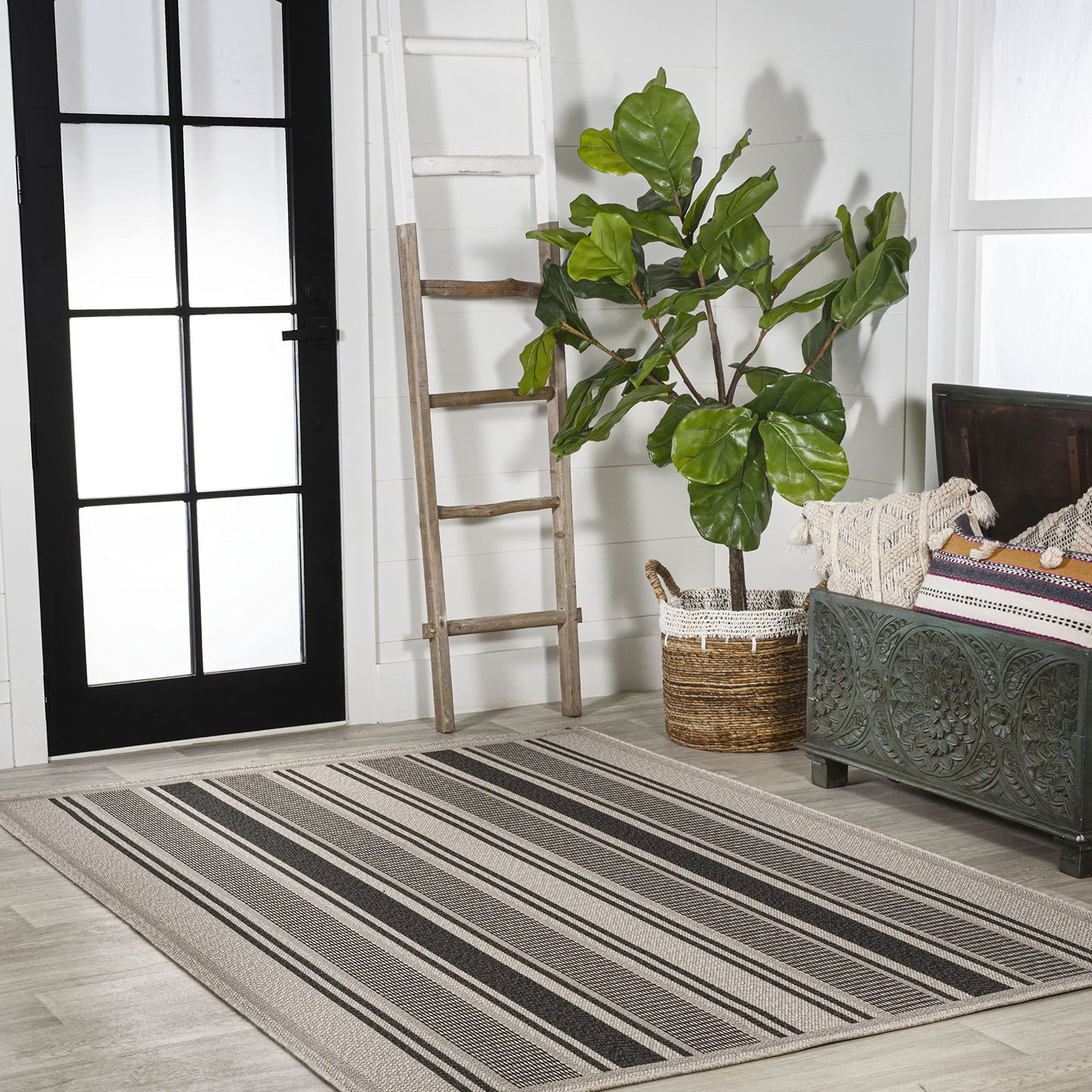 JONATHAN Y Double Stripe Indoor Outdoor Area Rug 3X5 Black/Beige, Haynes Modern for Backyard, Patio, Porch, Easy-Cleaning, High Traffic, Pet-Friendly, Non-Shedding (SMB202D-3)