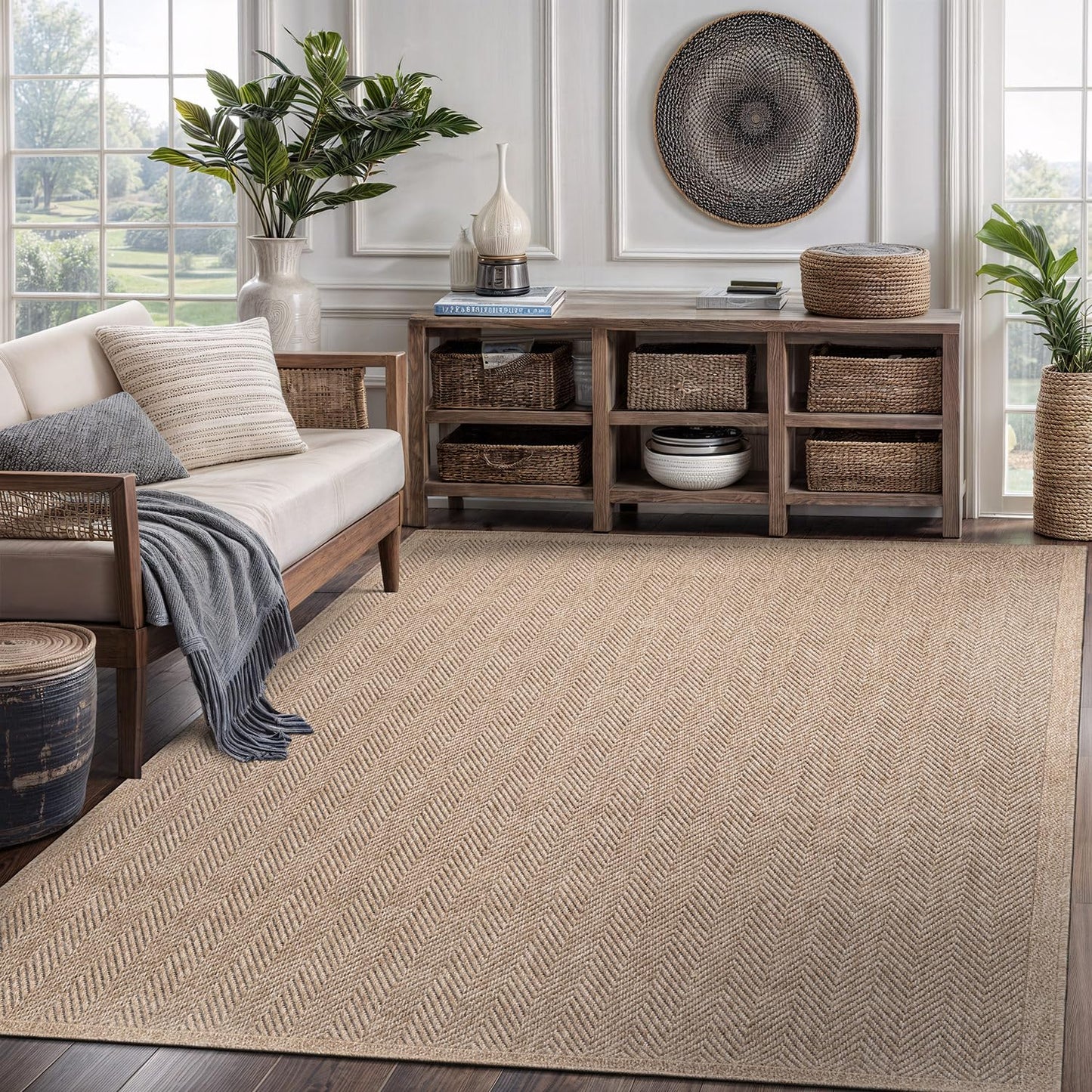 CAMILSON Easy Jute Rug 5x7, Indoor Outdoor Natural Color Fiber Area Rugs for Living Room Patio and Bedroom Rug Herringbone Seagrass Woven Design Easy-Cleaning, Washable Outside Carpet Alfombras 5 x 7