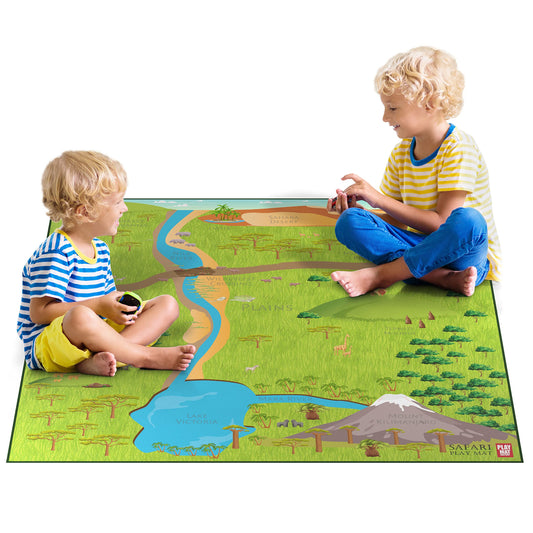 Safari Play Mat for Toy Animals | Foldable Solution |Large Size 57” x 57” | All Safari Animals | African Jungle Serengeti | Child Activity Mat | by Play Mat Factory