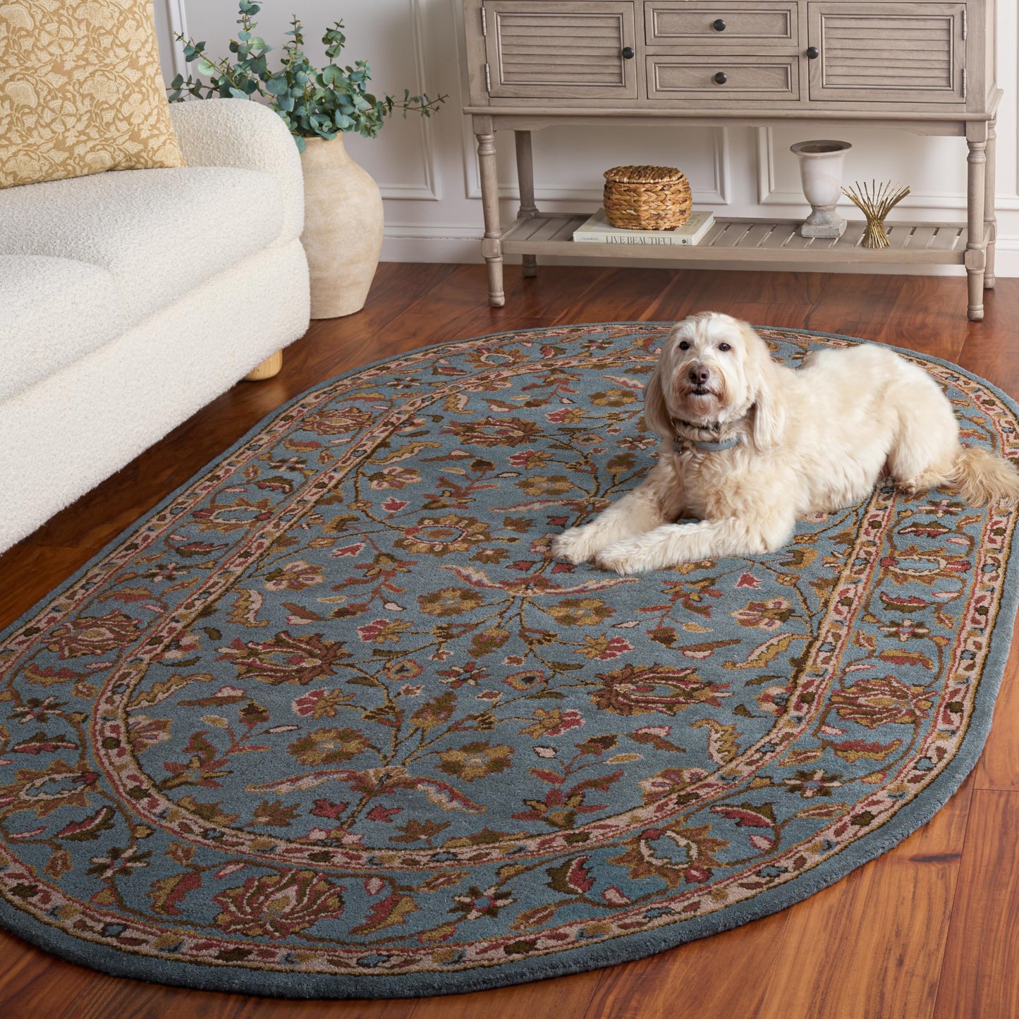 SAFAVIEH Heritage Collection Area Rug - 5' x 8' Oval, Blue & Blue, Handmade Traditional Oriental Wool, Ideal for High Traffic Areas in Living Room, Bedroom (HG969A)