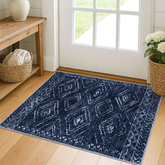 KILOCOCO Boho Entryway Rug 2x3 Printed Small Area Rug Indoor Door Mat Machine Washable Kitchen Rugs Super Soft Non Slip Throw Rugs for Bedroom Entrance Geometric Laundry Room, Dark Blue