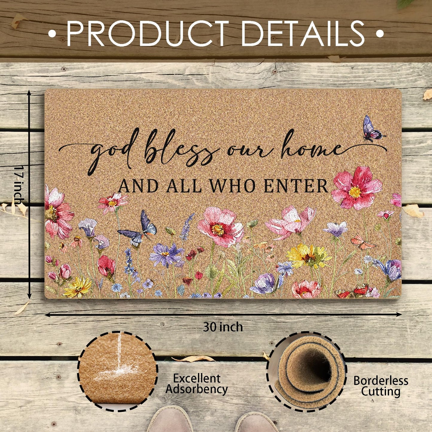 BitKAM Christian Floral Coco Coir Doormat Door Welcome Mat for Home Entrance Front Door, God Bless This Home All Who Enter, Bible Verse Wildflower Floor Mats for Outdoor Outside Entryway 30x17 Inch