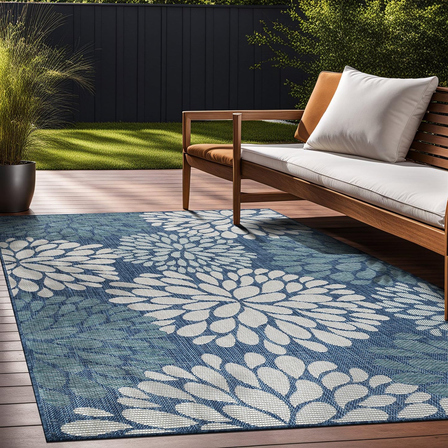 Beverly Rug Outdoor Rug 5x7 Modern Exotic Tropical Leaf Area Rugs for Indoor and Outdoor Patio Deck Porch Garden Water Resistant Washable Outside Carpet (5 x 7 Blue)
