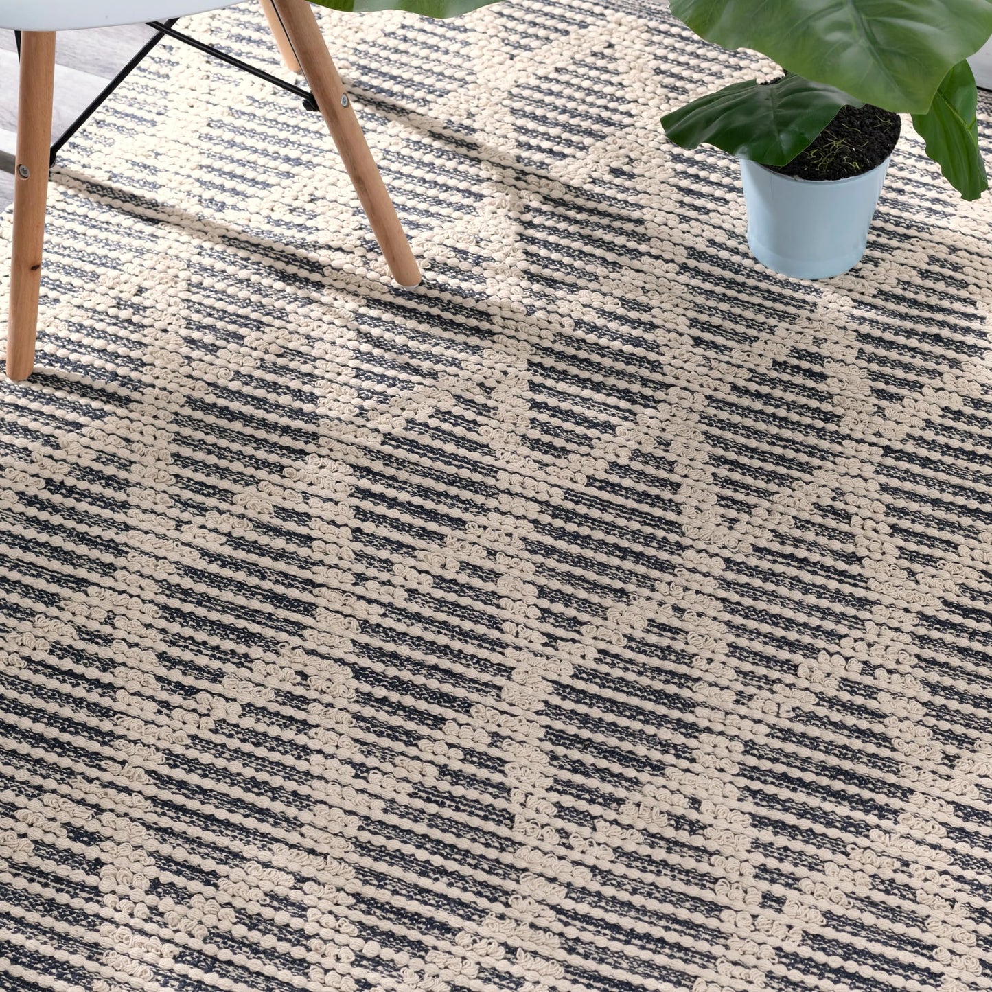 Home Conservatory Textured Diamond Blue/Ivory Handwoven Cotton 6 X 9 Feet, Blue/Ivory Geometric Pattern