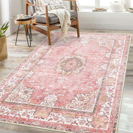 Castage Pink Rug 3'x5',Washable Area Rugs for Bedroom Living Room Kitchen Entryway Bedside,Small Boho Vintage Bohemian Distressed Oriental Non Slip Carpet,Blush Floral Flowers