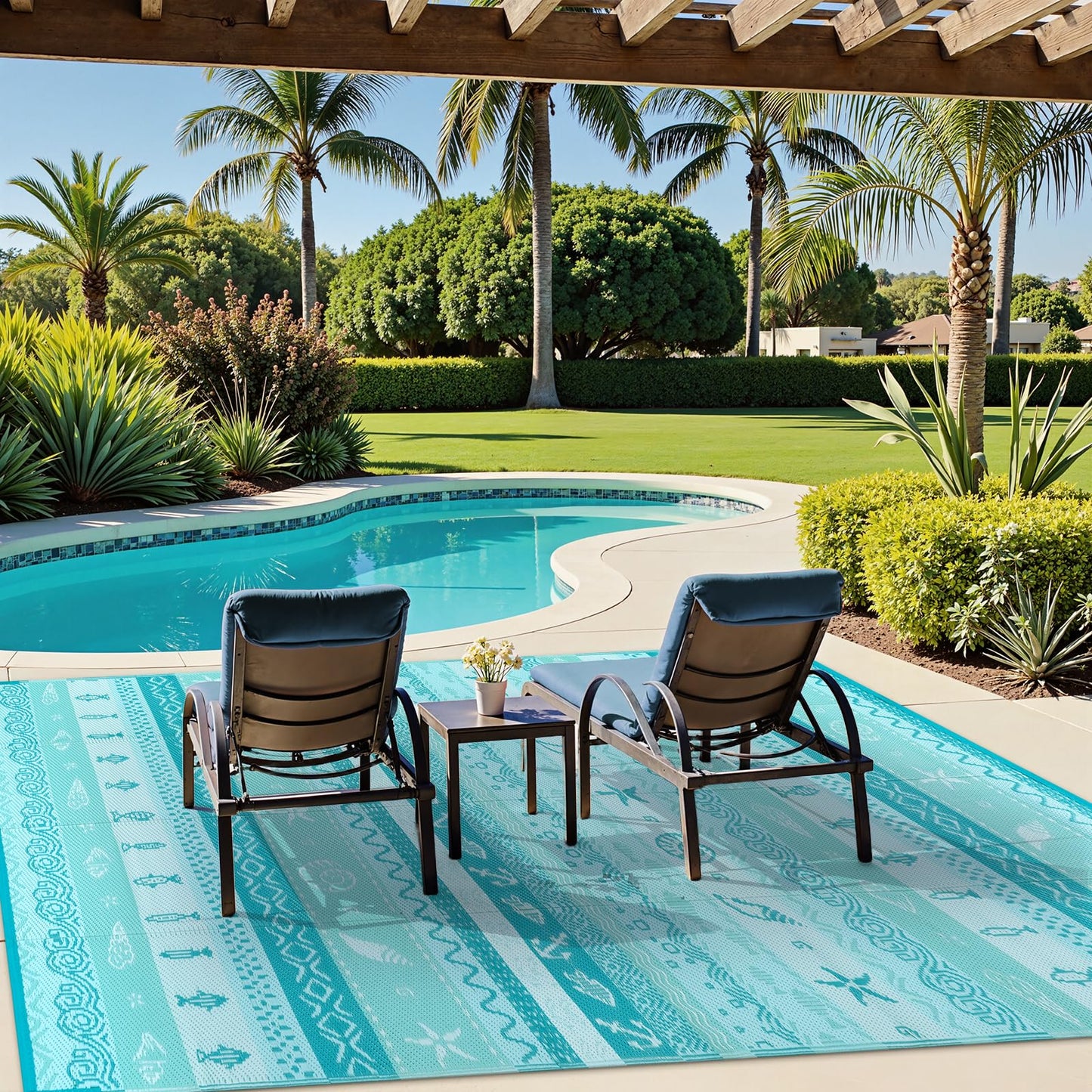 Uphome Coastal Outdoor Rug Waterproof 6x9, Reversible Ocean Beach Theme Striped Patio Plastic Straw Rugs, Tribal RV Camping Outside Carpet Mat for Pool Back Yard Deck Picnic, 6 x 9 ft