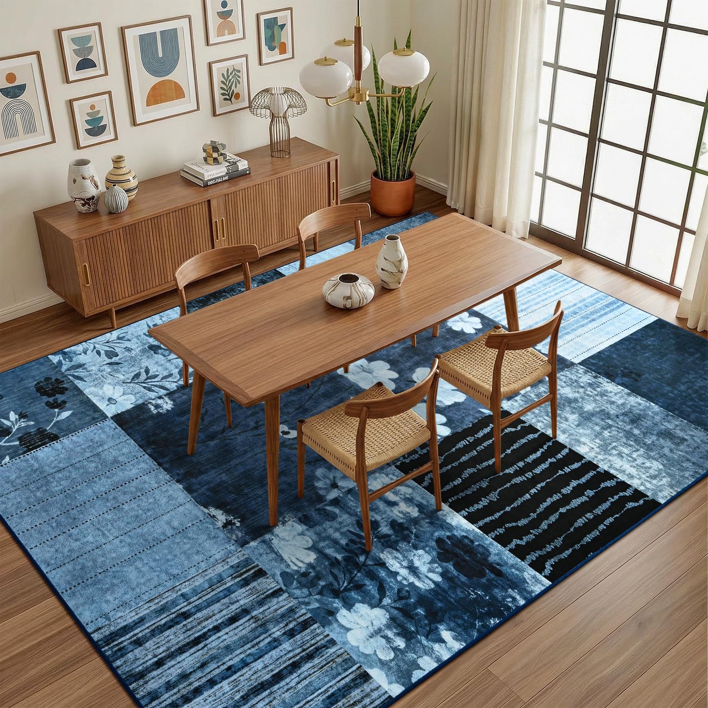 FALARK 6x9 Area Rug for Living Room, Modern Geometric Patchwork Large Rug, Washable Non-Slip Indoor Low Pile Carpet for Bedroom Dining Room Office Playroom Home Dorm Decor, Blue