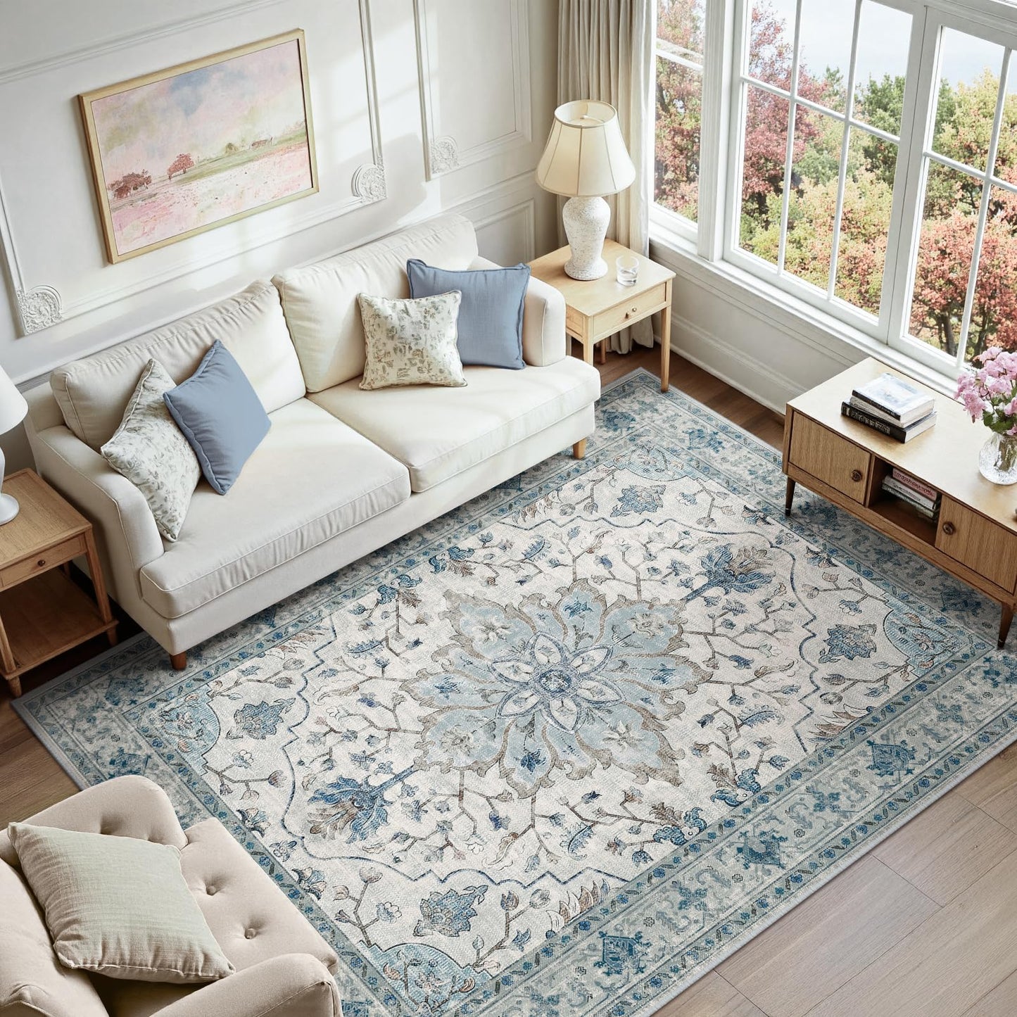RELEANY Area Rugs 5'x7' Washable Non-Slip, Floral Vintage Distress Medallion Carpet for Living Room Bedroom Dining Room, Light Blue Navy Gray White