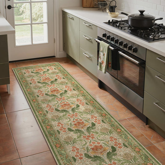 Bavni 2'6''x8 Runner Rug,Microfiber Washable Non-Slip Vintage Floral Rugs,Low Pile Lightweight Carpet for Bedroom,Hallway,Entryway,Kitchen,Bathroom, Sage Green & Burnt Orange
