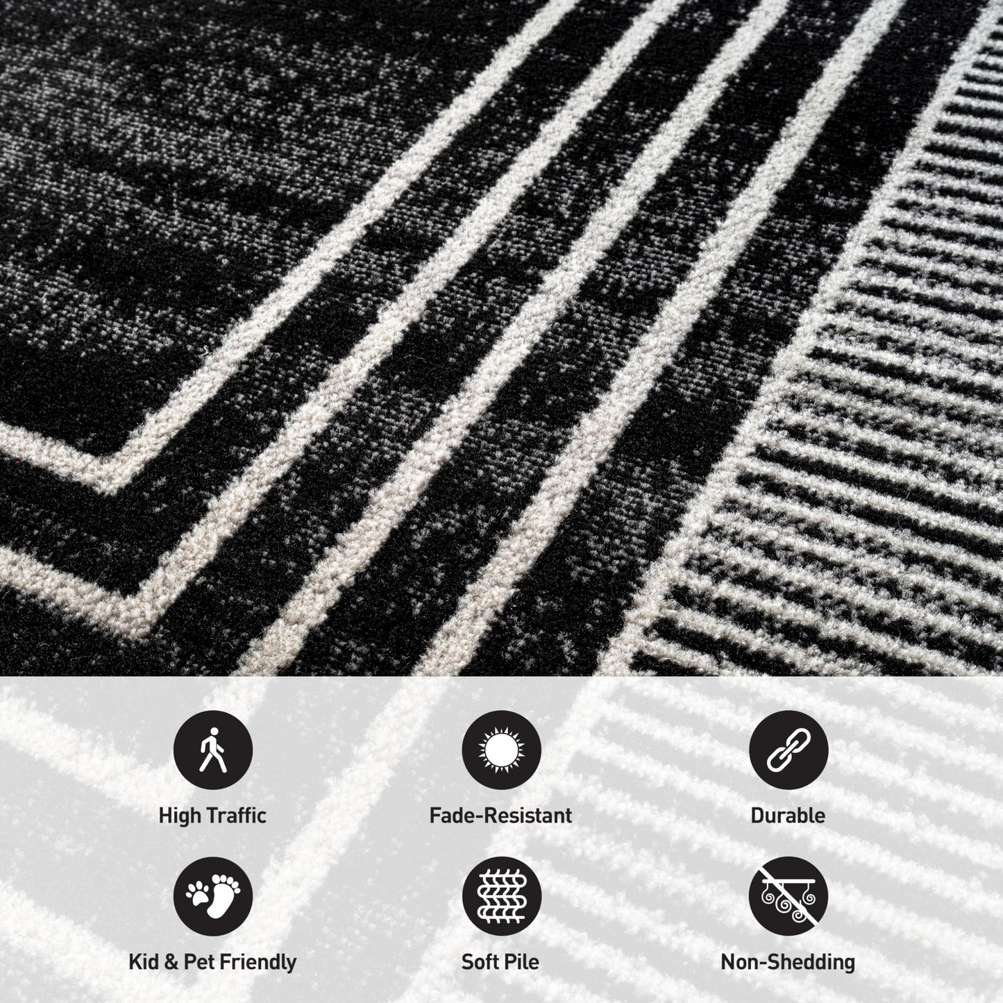 Rugshop Contemporary Geometric Bordered Runner Rug for Hallway,Entryway,Kitchen Rug Low Pile Rug with Jute Backing 2' 3" x 12' Black