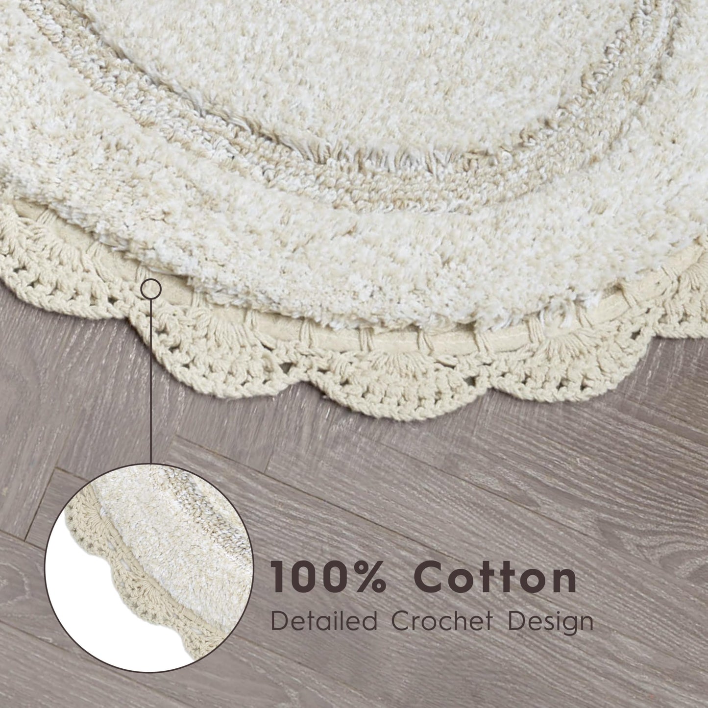 Laura Ashley Eloise 100% Cotton Oval Bath Mat with Crochet Border, Soft & Absorbent, Sandshell Beige 24" x 60" Bathroom Rug