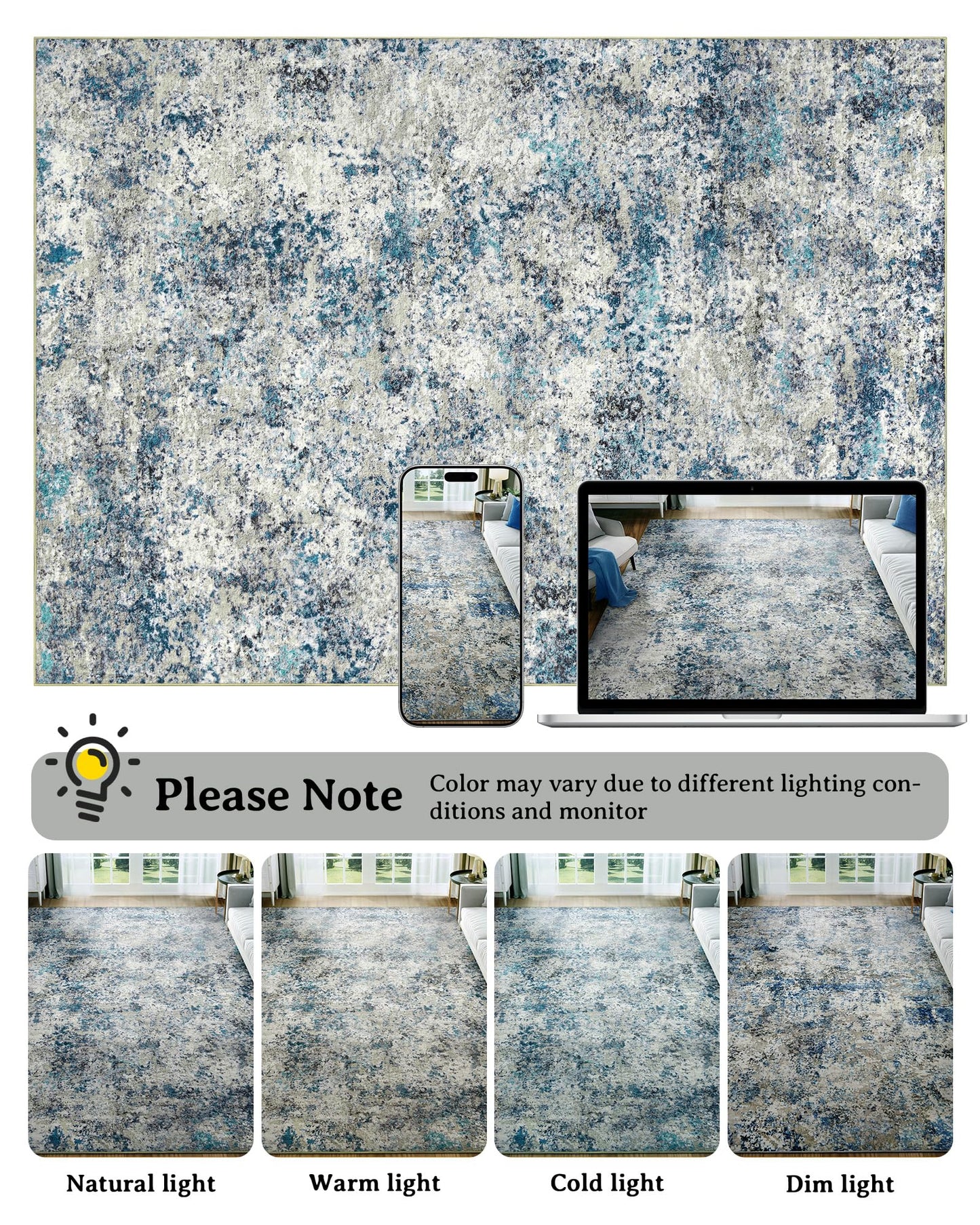 AUKOW Washable Area Rug for Living Room: 6x9 Modern Abstract Neutral Soft Rug for Bedroom Dining Room No Slip Low Pile Carpet for Nursery Home Office - Grey/Blue