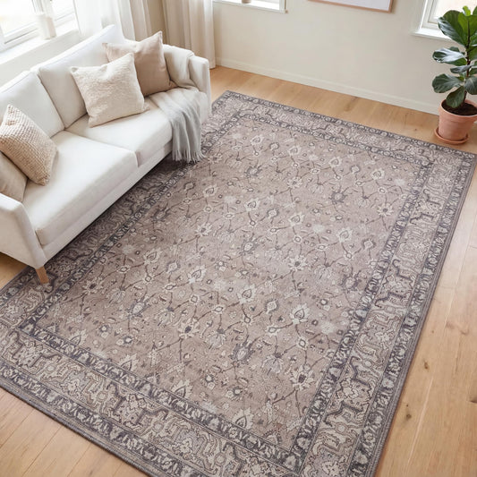 Kuden 5x7 Area Rug, Machine Washable Area Rug with Non-Slip Backing, Vintage Style, Soft, Easy Clean, Low Pile Rug for Living Room, Bedroom, Dining Room