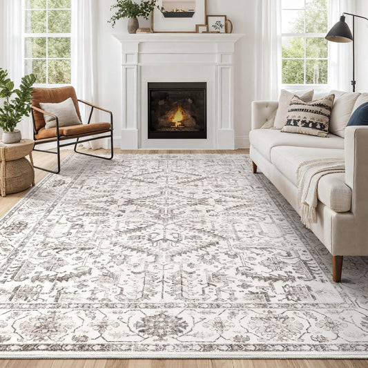 9x12 Area Rugs for Living Room - Washable Soft Large Vintage Rug Non-Slip Stain Resistant Traditional Stain Resistant Indoor Floor Low Pile Carpet for Bedroom Dining Room or Home Office - White
