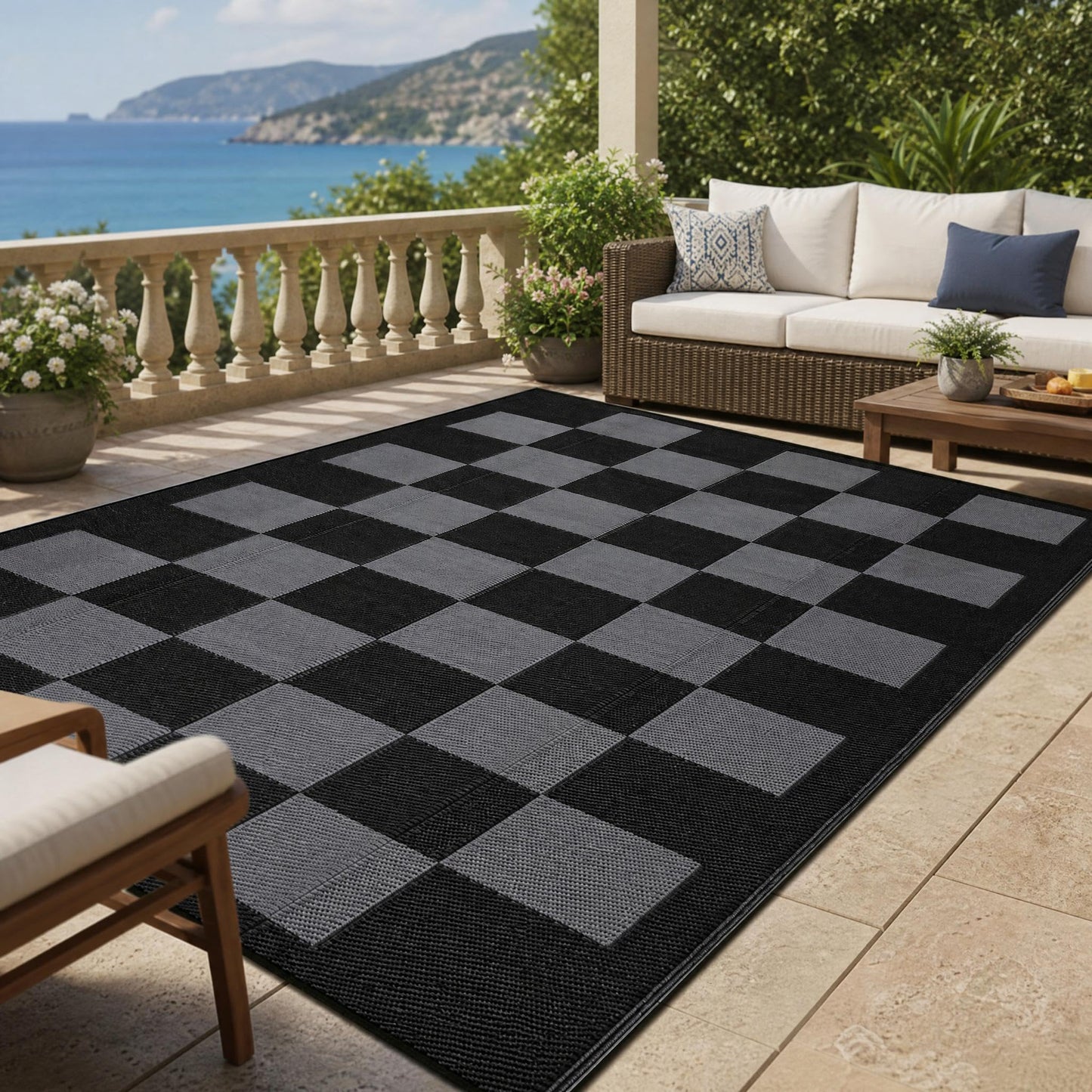 Outdoor Patio Rug 10x14 Large Waterproof Plastic Straw Camping Rug Reversible Stain Resistant Modern Checkered Carpet UV Resistant Foldable Mat for RV, Porch, Backyard, Black & Gray