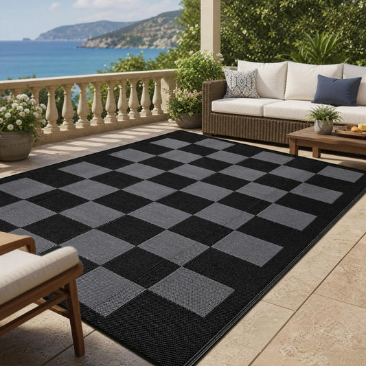 Outdoor Patio Rug 10x14 Large Waterproof Plastic Straw Camping Rug Reversible Stain Resistant Modern Checkered Carpet UV Resistant Foldable Mat for RV, Porch, Backyard, Black & Gray