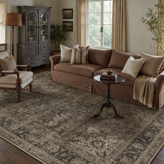 WondRg 5x7 Washable Area Rug Brown Vintage Non Slip Soft Low Pile Rug for Living Room Bedroom Dining Room Office Distressed Oriental Indoor Throw Carpet for Home Decor