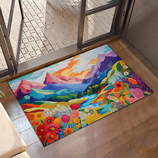 Colorful Mountain Flowers Welcome Mat,Modern Abstract Indoor Rugs for Entryway,Anti-Slip Low Profile Doormats Porch Mats for Front Door Stairway Rug Living Room Floor Mat 30 x 17 Inch