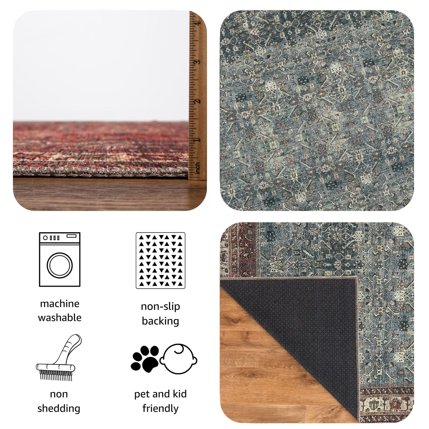 Keen Home Design 5x7 Rug - Machine Washable Area Rug with Non-Slip Backing, Ideal for Living Room, Dining Room, Bedroom - Vintage, Easy Clean, Durable, Low Pile Rug - (5' x 7')